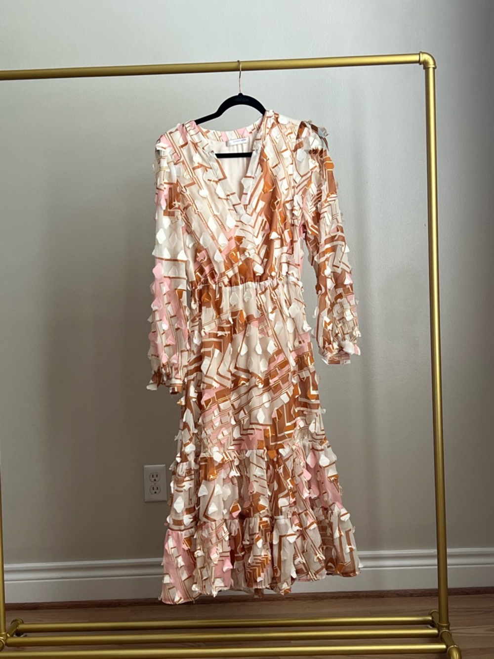 Lavender Brown Pink & Cream Geometric Textured Ruffle Midi Dress Brand New